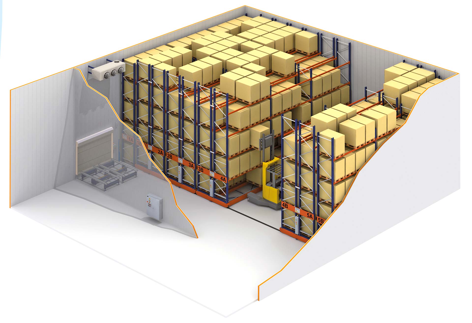 In the case of cold-storage warehouses, mobile pallet racks guarantee maximum storage capacity