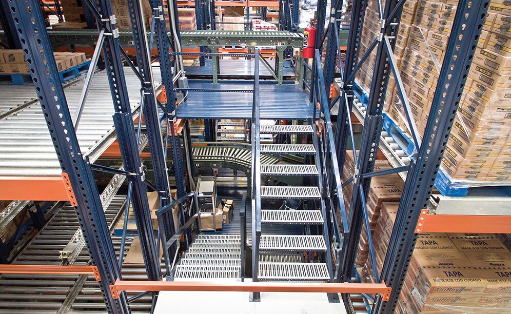 Operators access the various levels via stairs placed at both ends of each multi-level picking installation