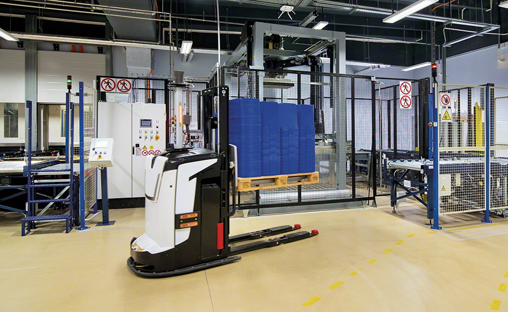 The manufacturing centre and warehouse are connected through AGVs