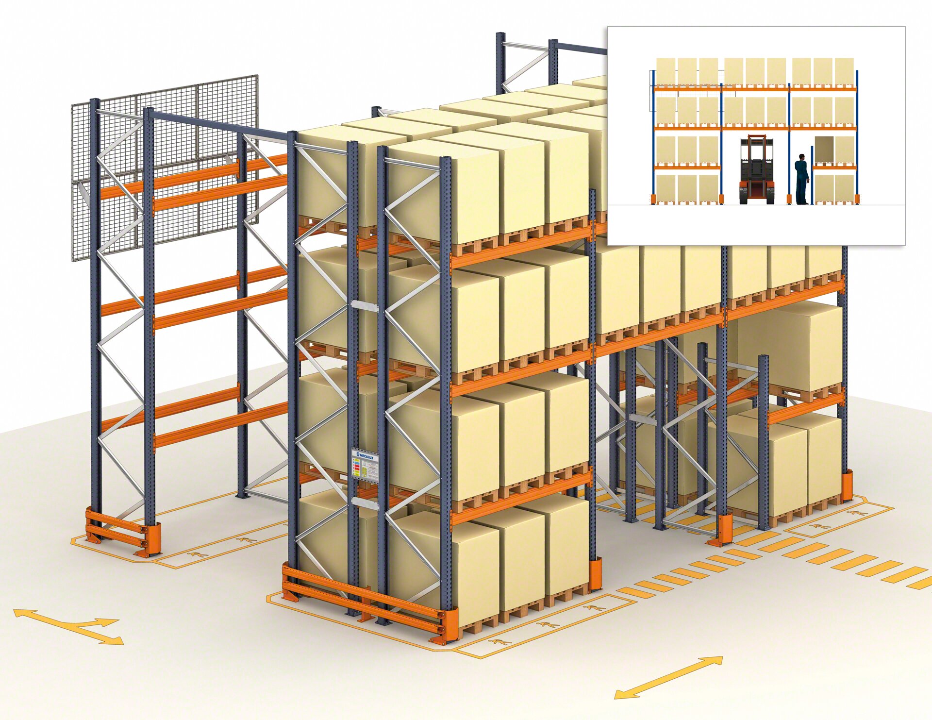 Safety passageways that run under the racks allow forklift and foot traffic