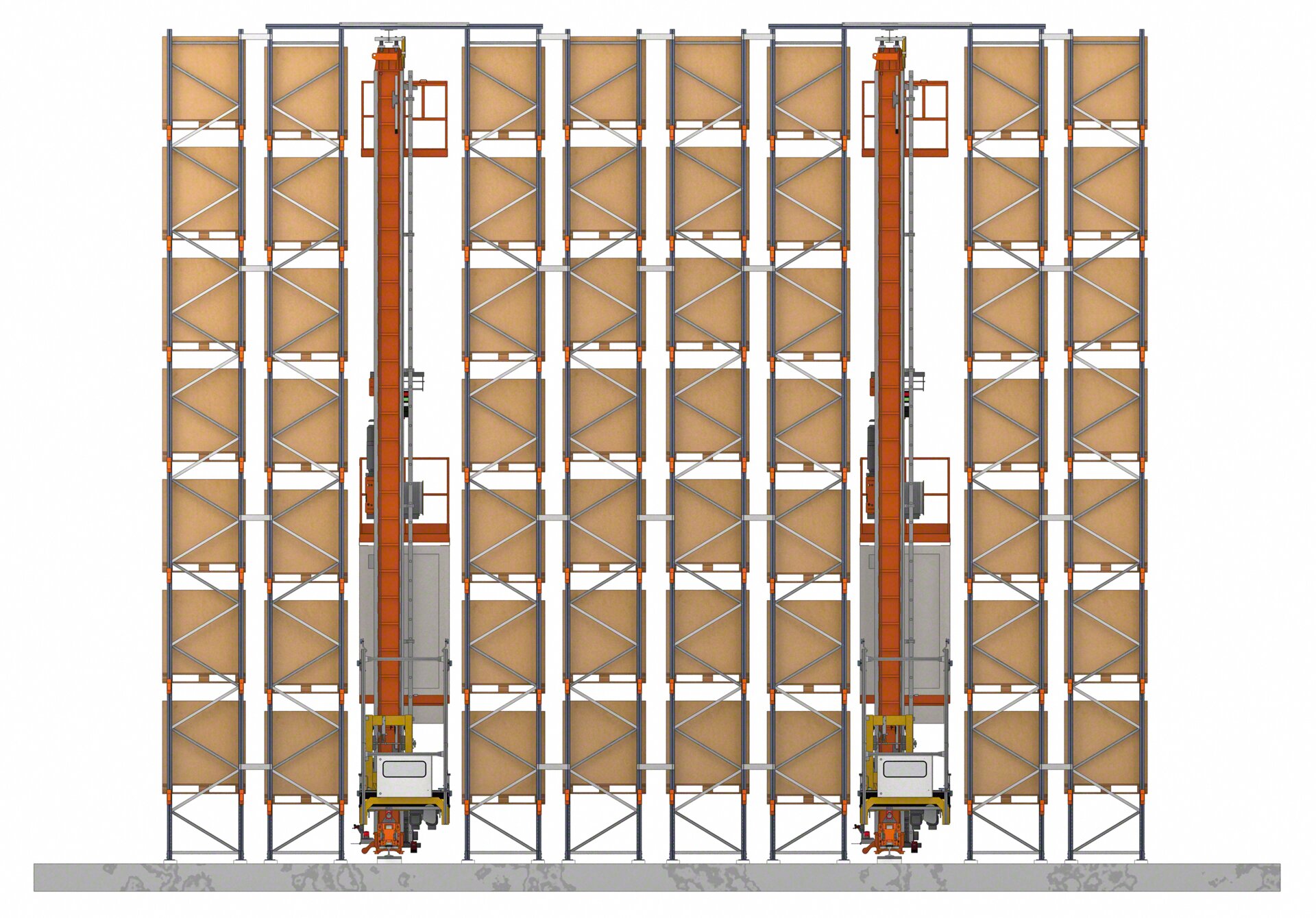 AS/RS systems like this stacker cranes use pallet racks